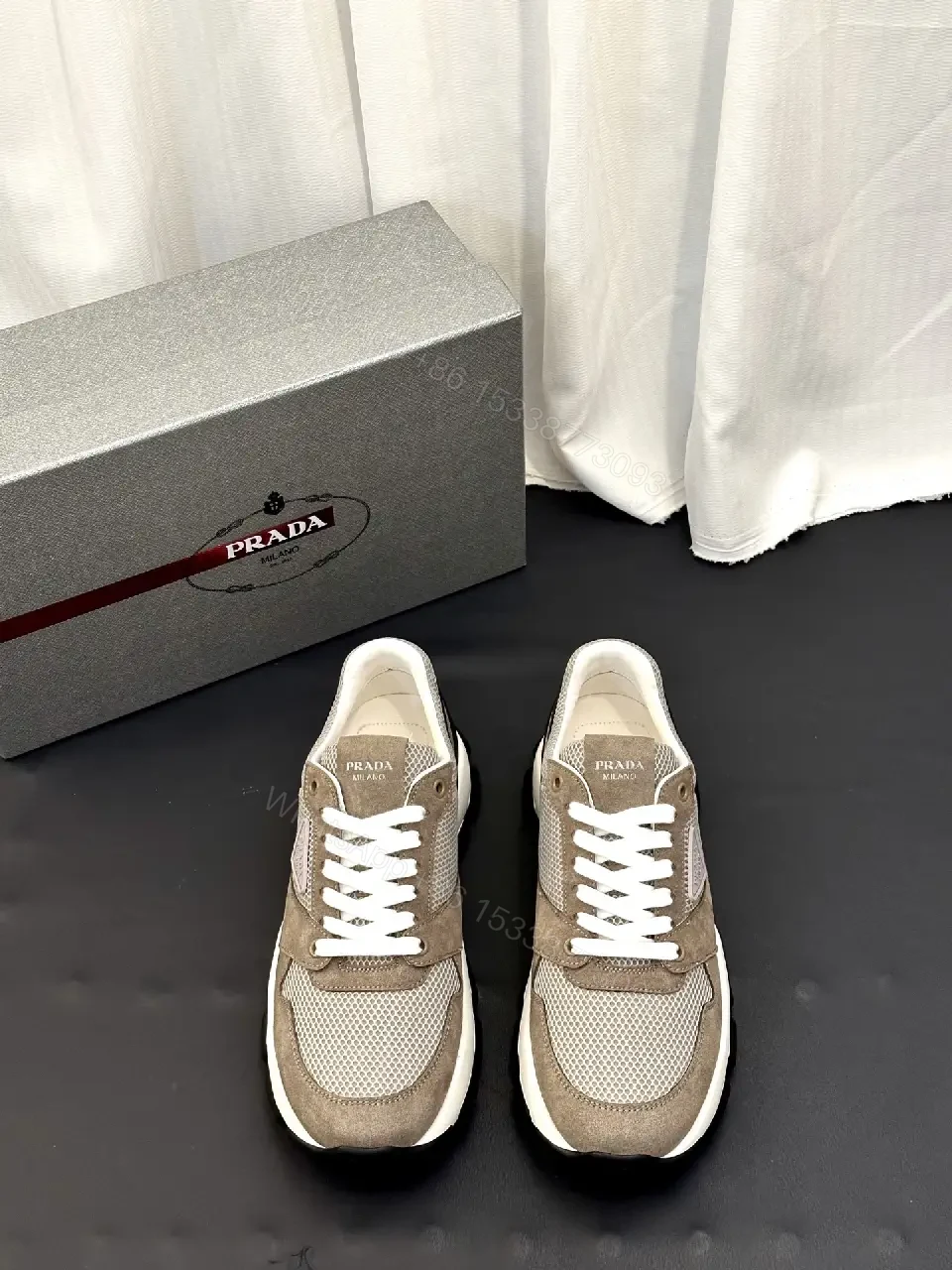 View 6 of Beige Mesh & Suede Sneakers, Chunky Sole, Prada Style