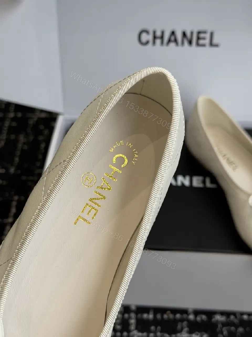 View 3 of Cream Leather Ballet Flats Pearl Bow Chanel Logo