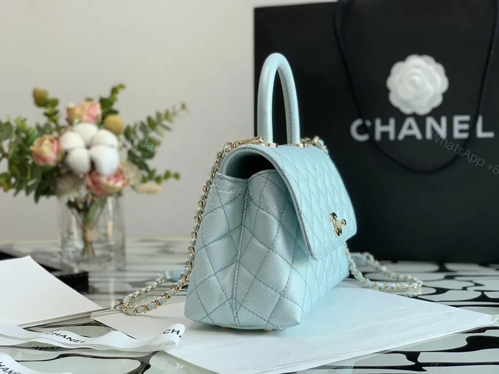 View 6 of Pastel Blue Quilted Bag with Gold CC Accents - Luxe Compact Purse