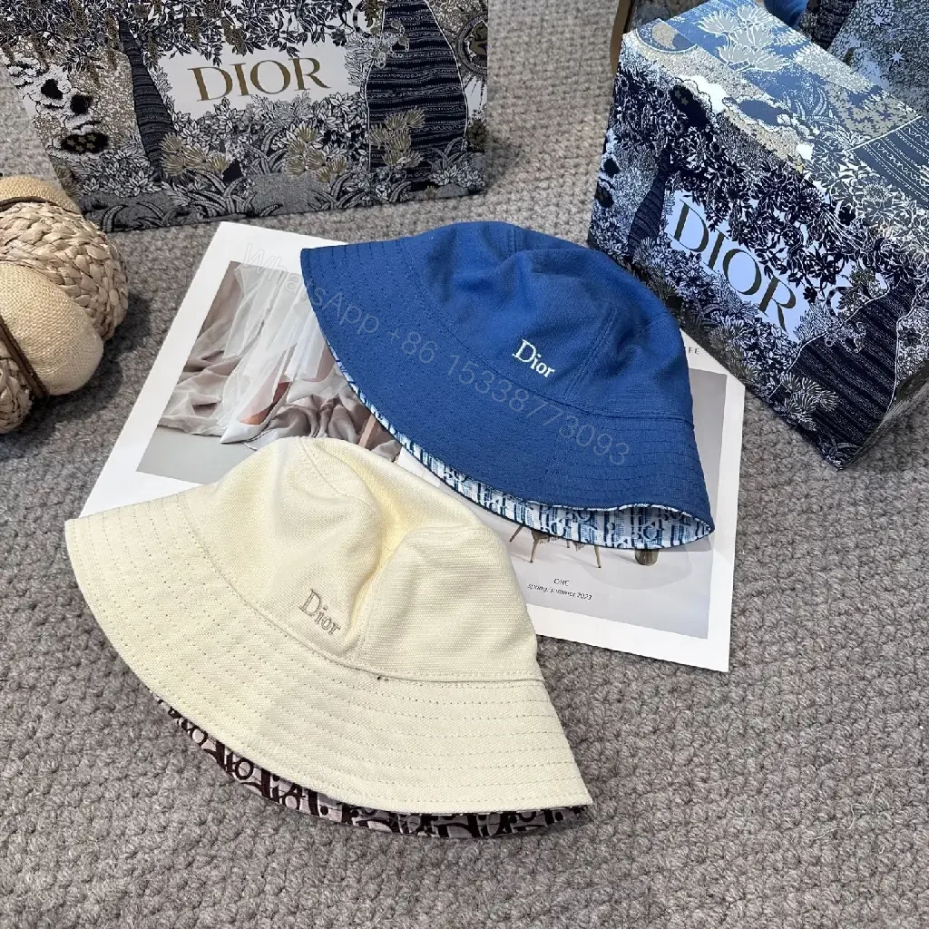 View 8 of Denim Blue Bucket Hat Solid Stitching Crown Embroidered Dior Logo