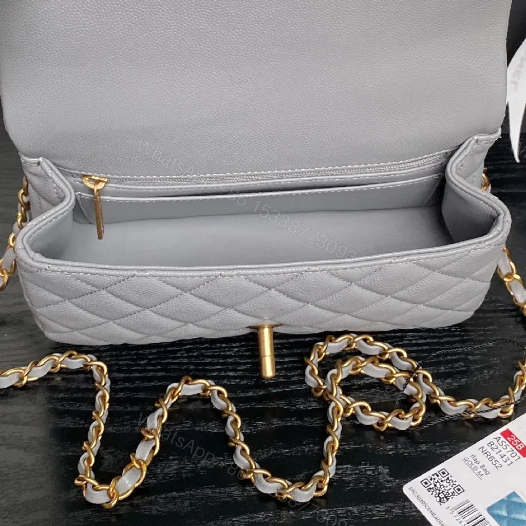 View 2 of Quilted Mini Flap Bag - Gold Chain, Grey Lambskin Leather