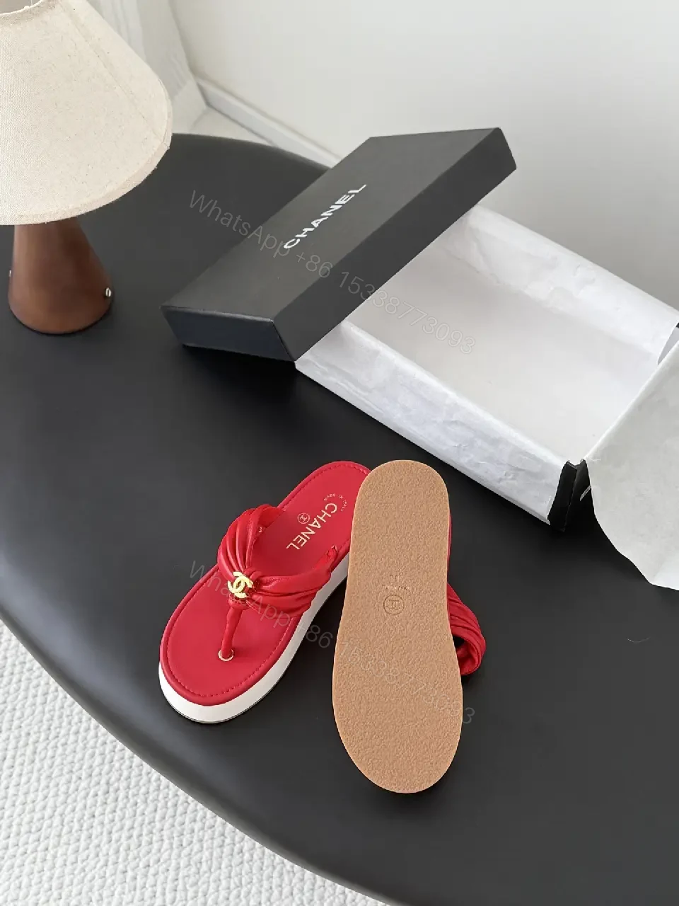 View 5 of Red Satin Flip-Flops with Gold Chanel Logo Student Style Sandals