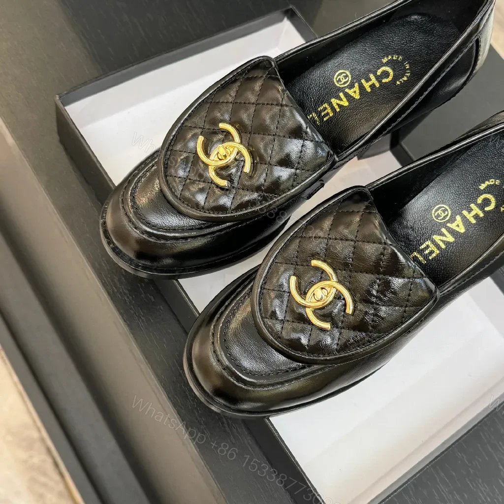 View 2 of Quilted Leather Loafers with Gold Logo, Chic Classic