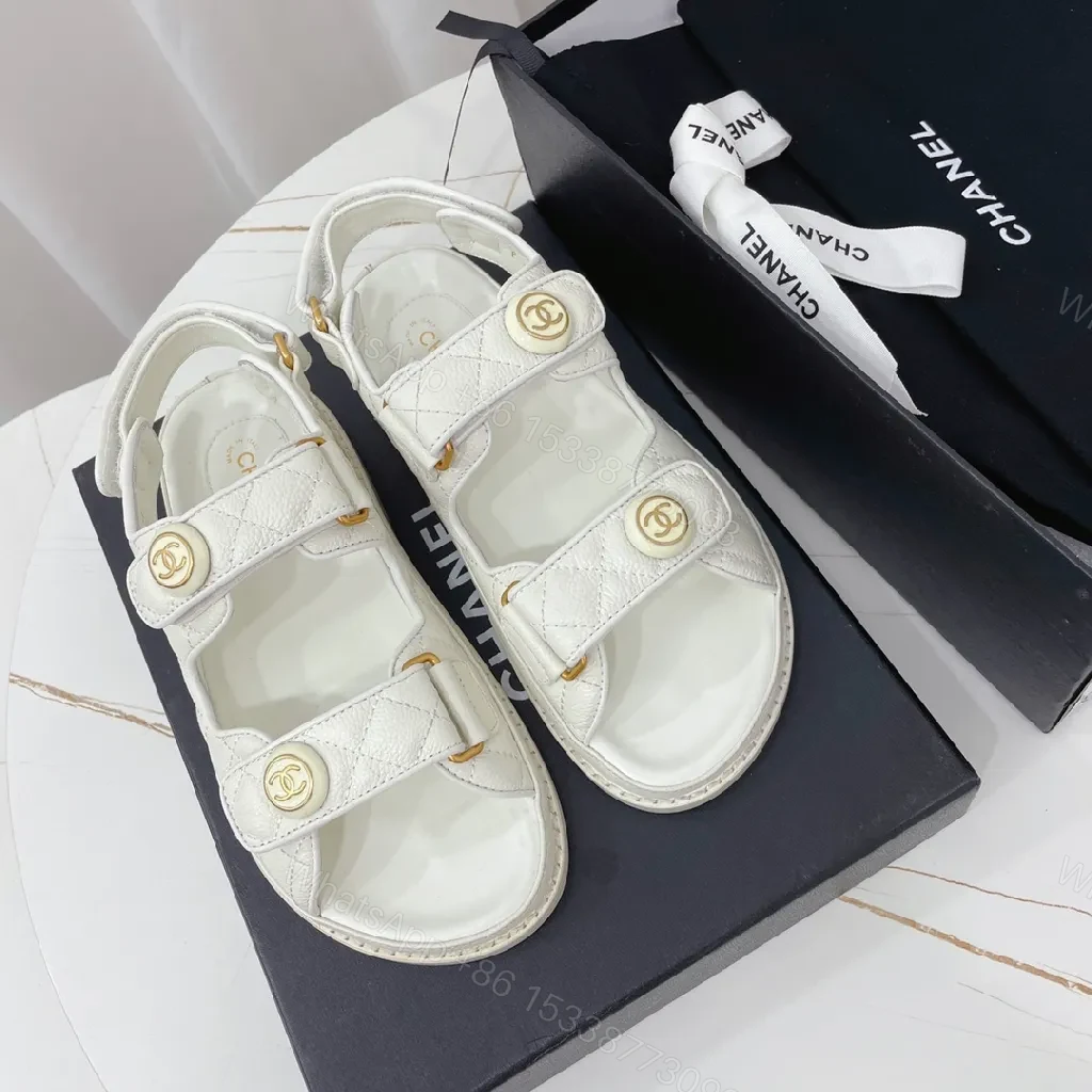 View 4 of White Quilted Sandals with Gold Logo – Luxe Comfort Footwear
