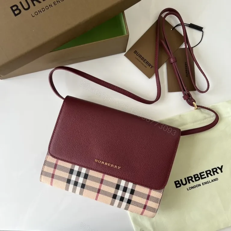 View 4 of Burberry Burgundy Leather Plaid Crossbody Bag with Gold Accent