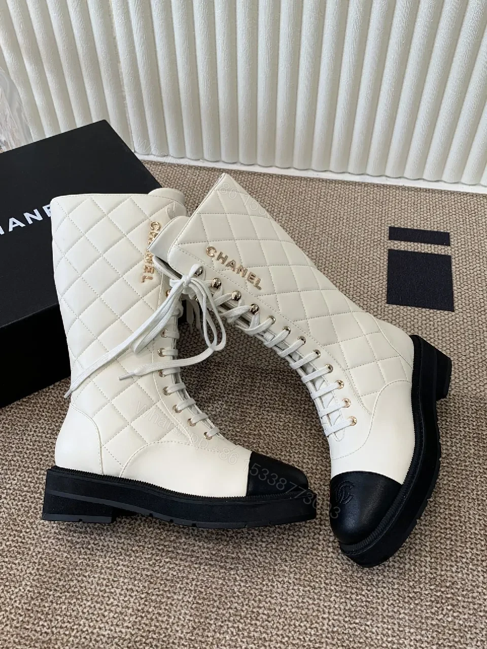 View 2 of Off-White & Black Leather Combat Boots with Luxe Lug Sole