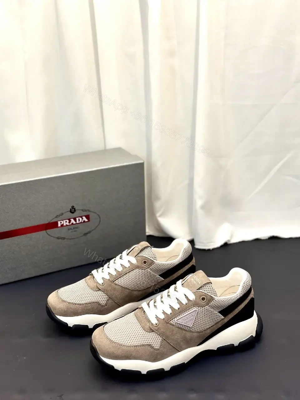 View 9 of Beige Mesh & Suede Sneakers, Chunky Sole, Prada Style