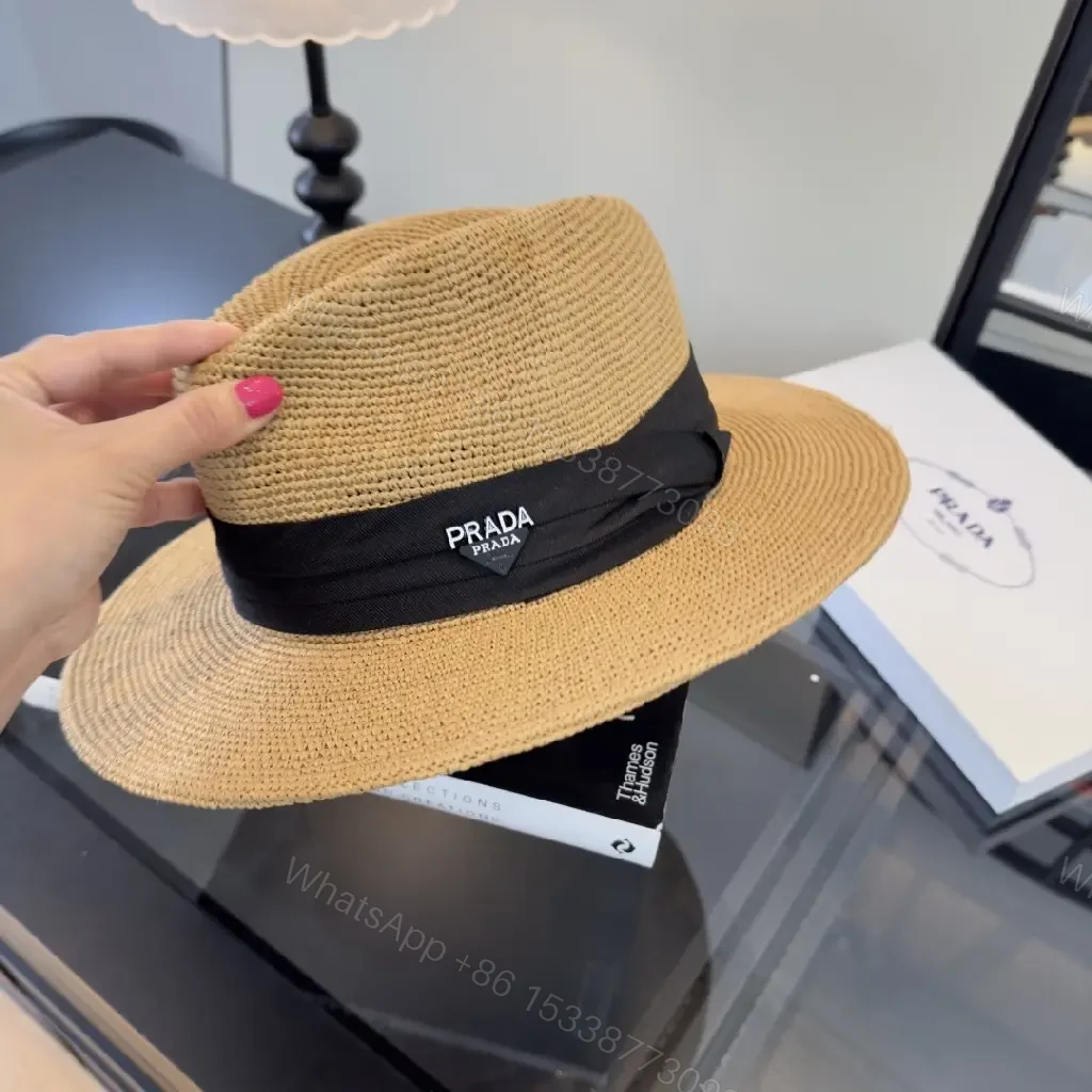 View 9 of Light Tan Straw Wide-Brimmed Floppy Hat with Black Ribbon Band