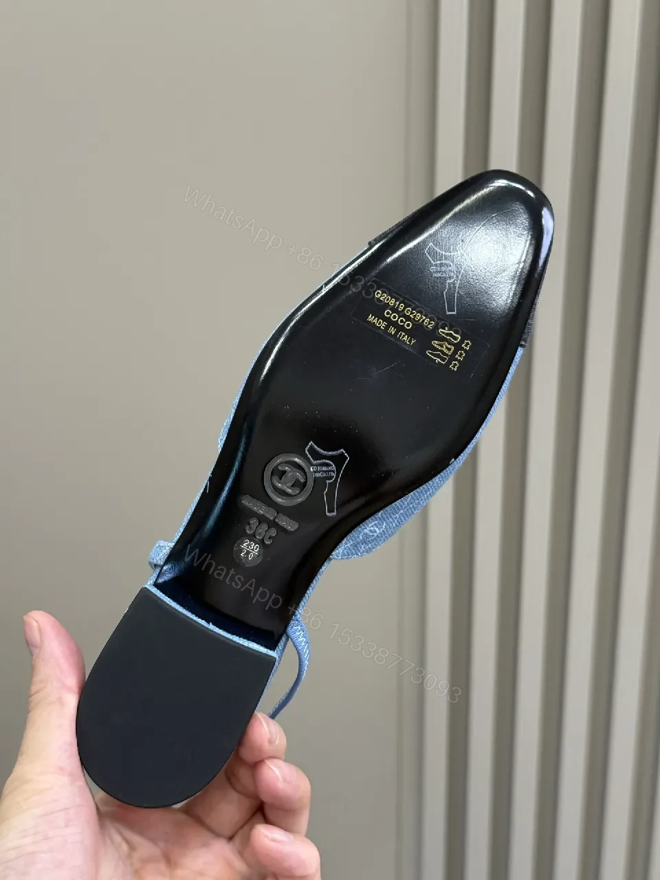 View 8 of Denim Slingback Heels: Geometric Stitching, Mid-Block Heel