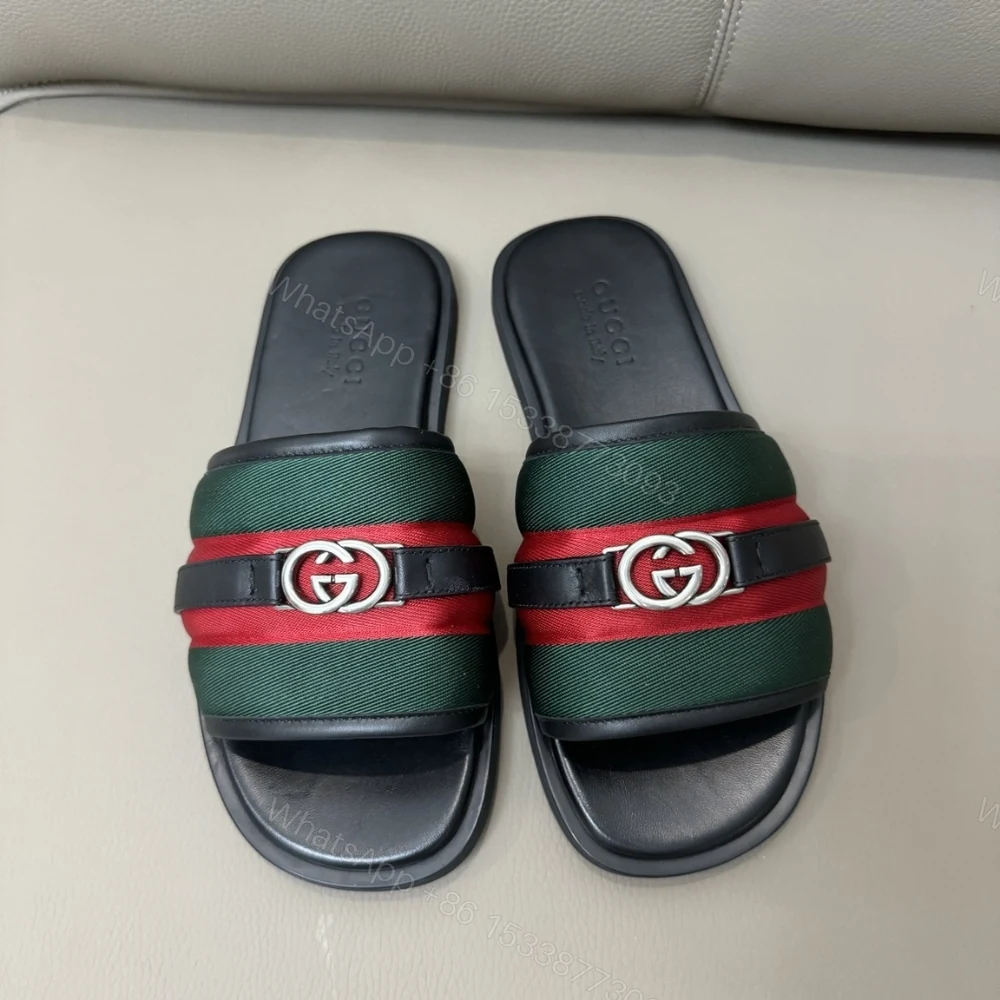 View 4 of Gucci Men Slide Sandal With Interlocking G Green And Red ‎835091 HAAHH 8449