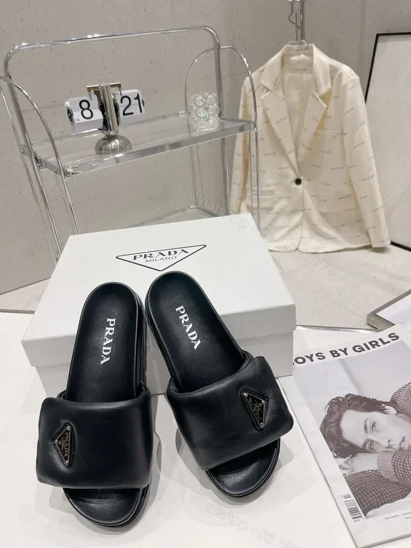 View 9 of Black Leather Prada-Style Minimalist Slide with Logo & Lug Outsole