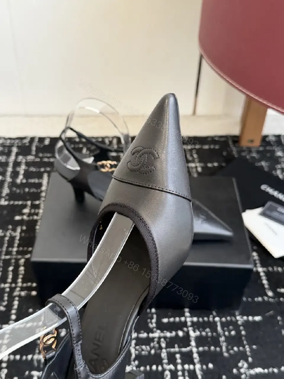 View 6 of Black Leather Sandal Heels with Chanel Logo, Slingback Style