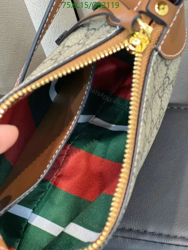 View 5 of Small Replica Gucci Shoulder Bag Grey with Brown Trim Leather VTX368