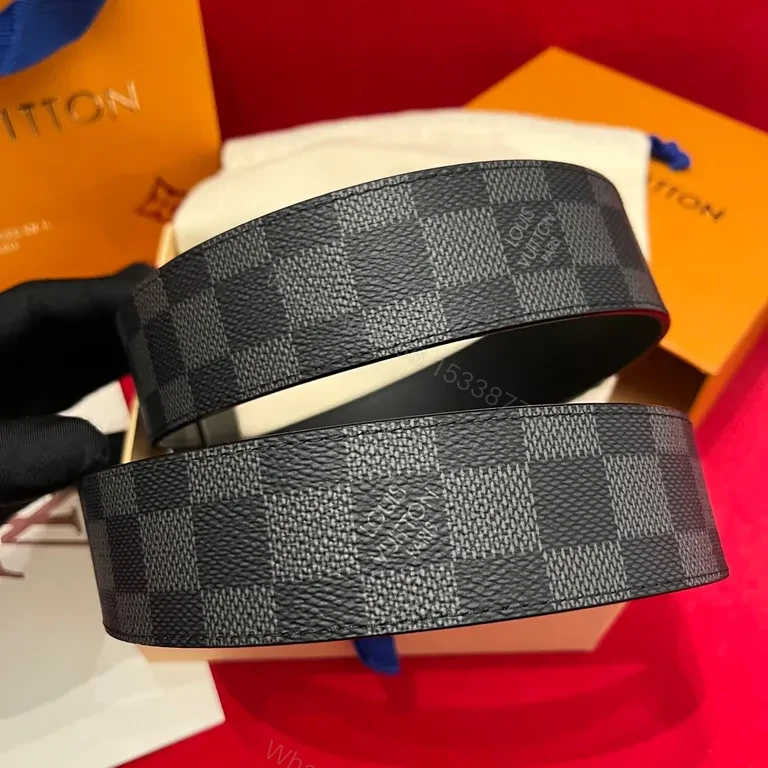 View 4 of Chic LV-Pattern Leather Belt with Signature Buckle
