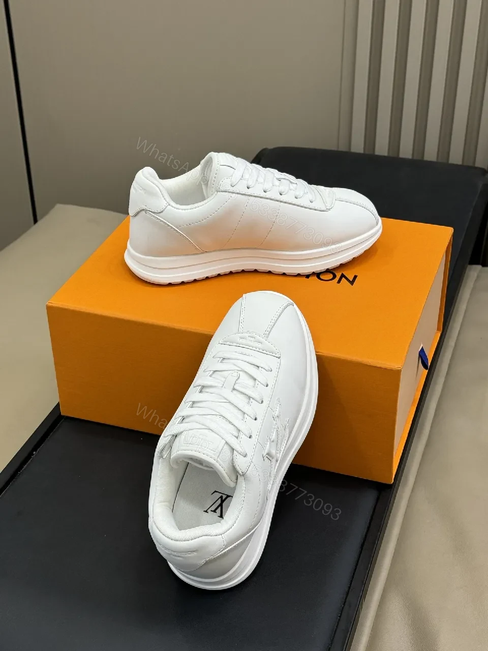 View 3 of White Leather Minimalist Sneakers with Couture Stitching