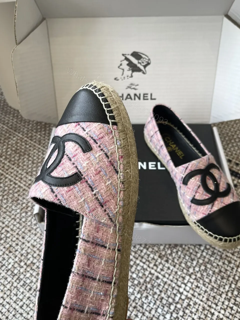 View 4 of Pink Tweed Espadrilles – Black Toe, Logo Detail, Slip-On Comfort
