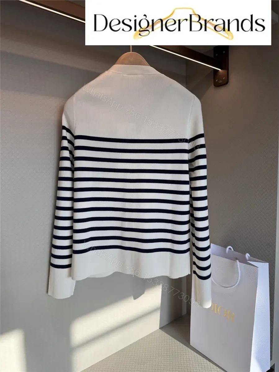 View 4 of White Navy Stripe Cardigan Knit Cardigan with Dior Logo