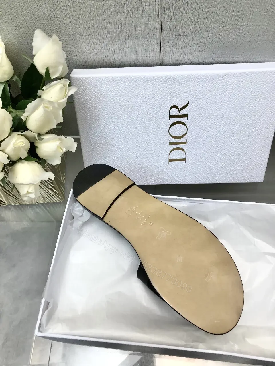 View 9 of Black Satin Strap Slide Paris Logo Sandals - Dior Style