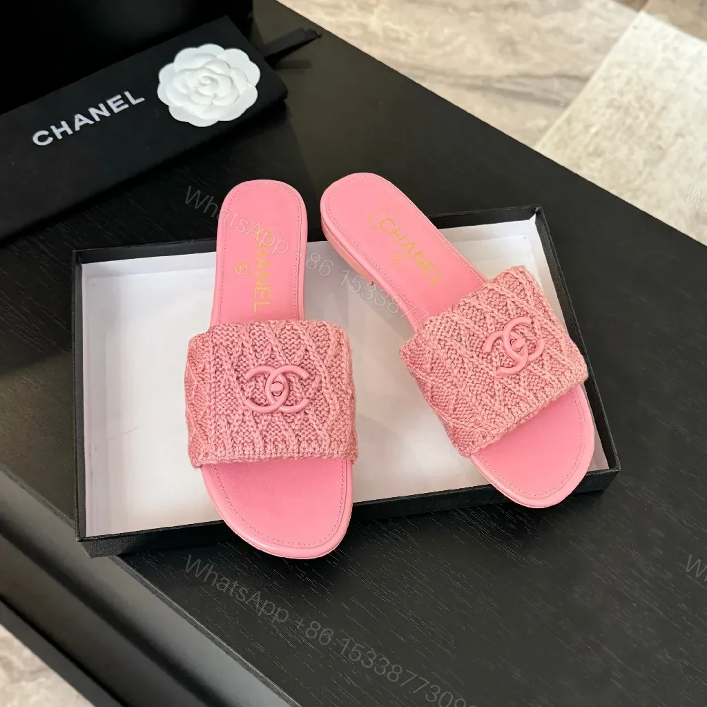View 9 of Pink Knit-Trim Slides: Plush Couture-Inspired Comfort