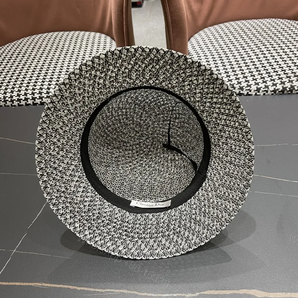 View 10 of Black Straw Hat with Dior Band, Structured Fedora Style, Signed Band