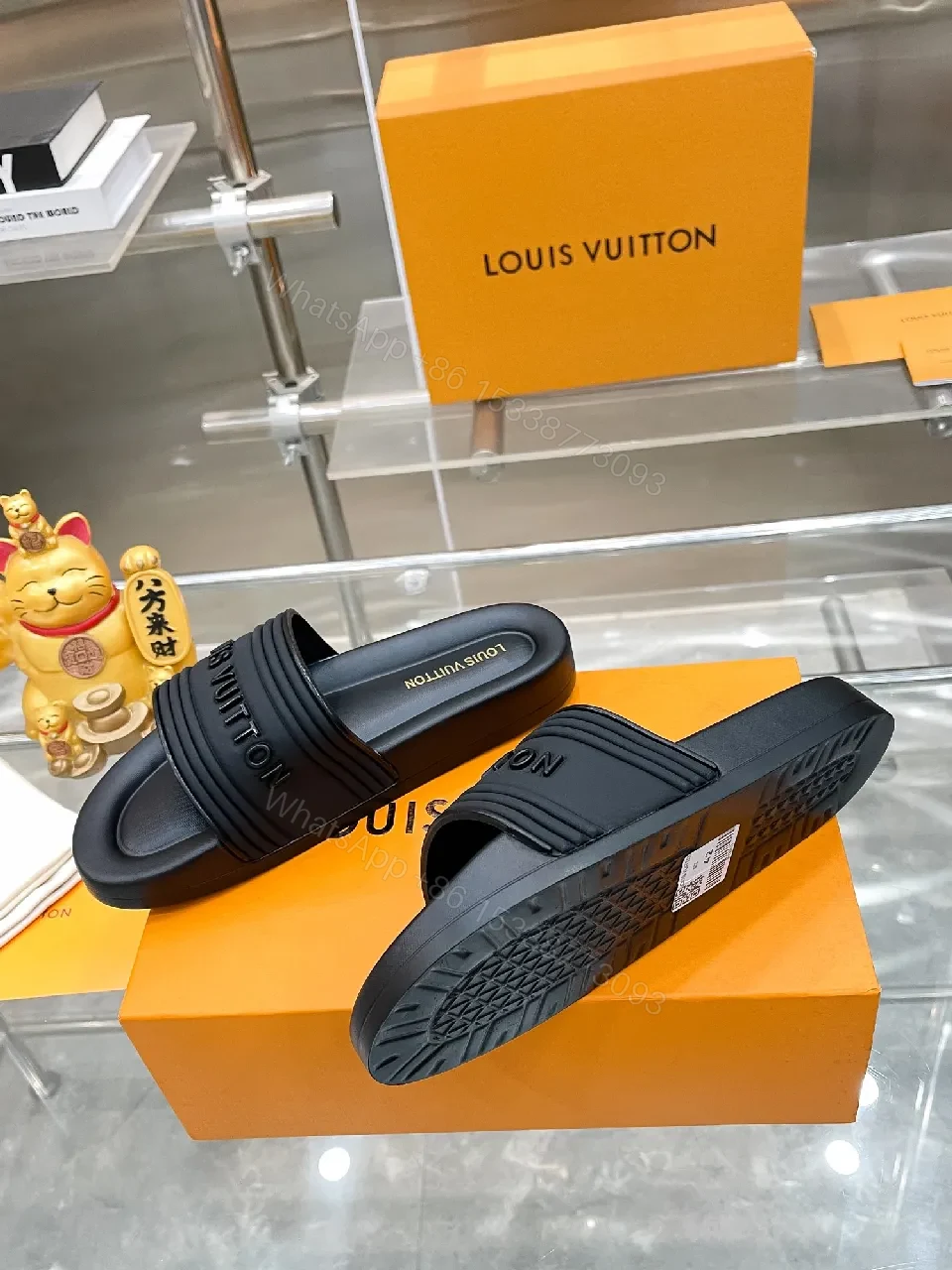 View 3 of Premium Black Slides with Striped Strap — Effortless Comfort