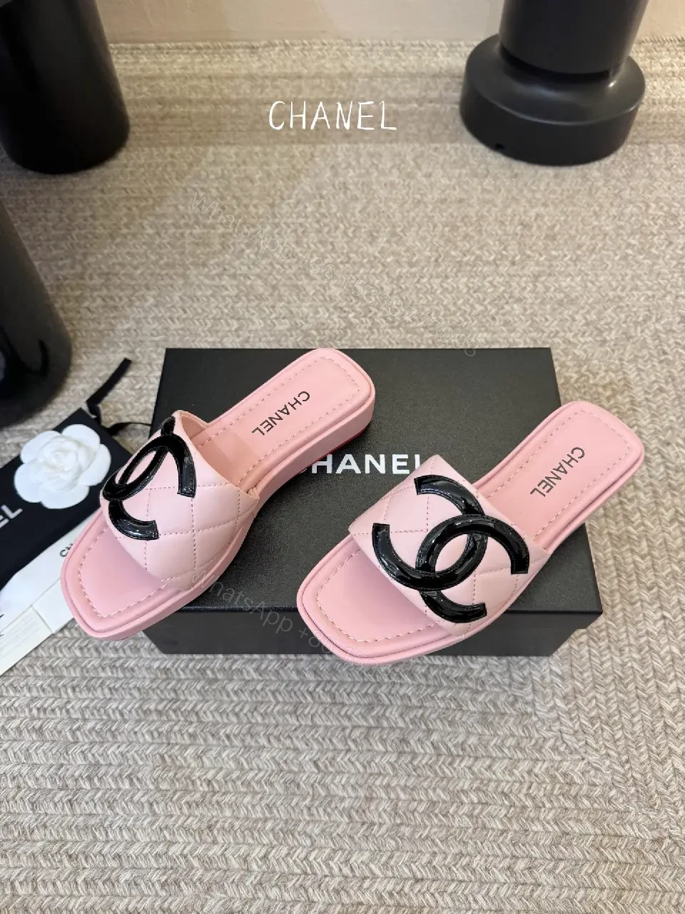 View 5 of Pastel Pink Faux-Leather Slides with Logo Hardware