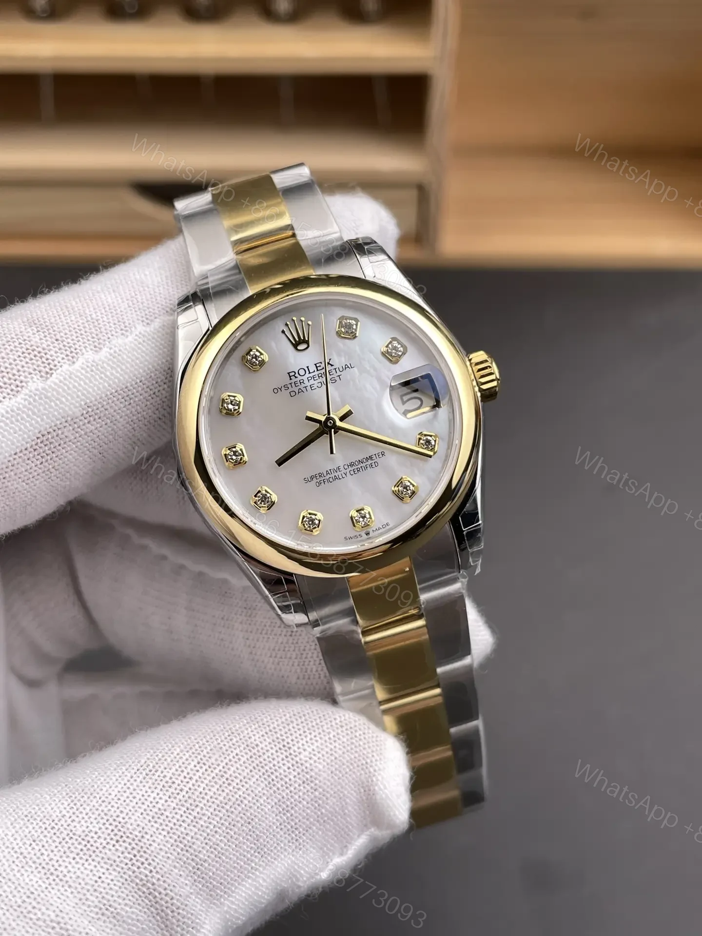View 2 of Rolex Datejust 31 Stainless Steel Yellow Gold Domed MOP Oyster 278243-0027
