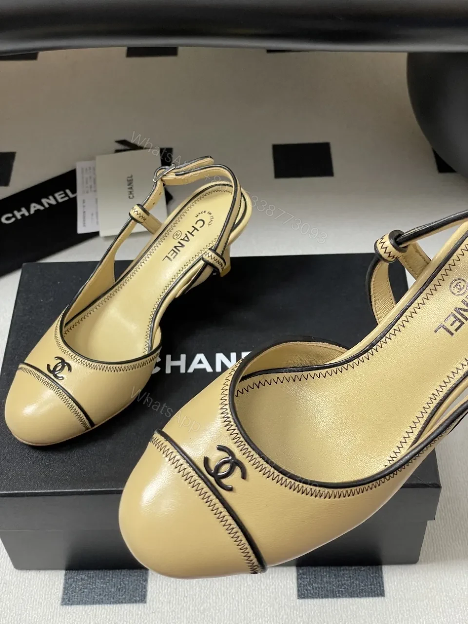 View 2 of Neutral Slingback Heels in Leather with Zigzag Stitching