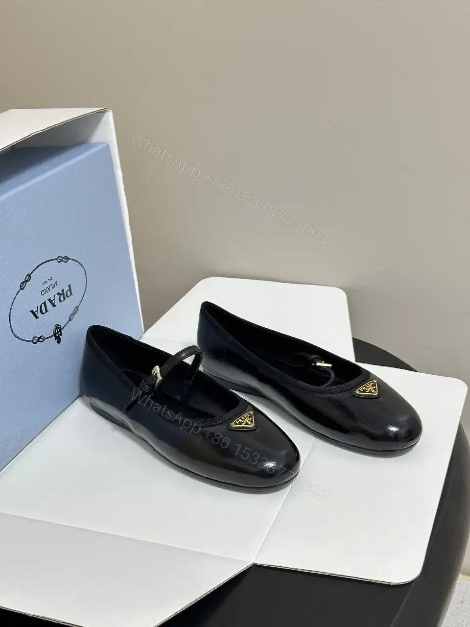 View 4 of Black Leather Ballerinas Prada Logo Classic Style Gossamer Comfort Shoes