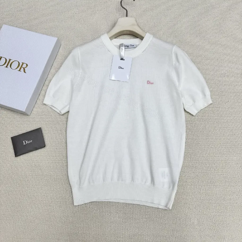 View 5 of White Cotton Knit T-Shirt Dior Logo Minimalist Style