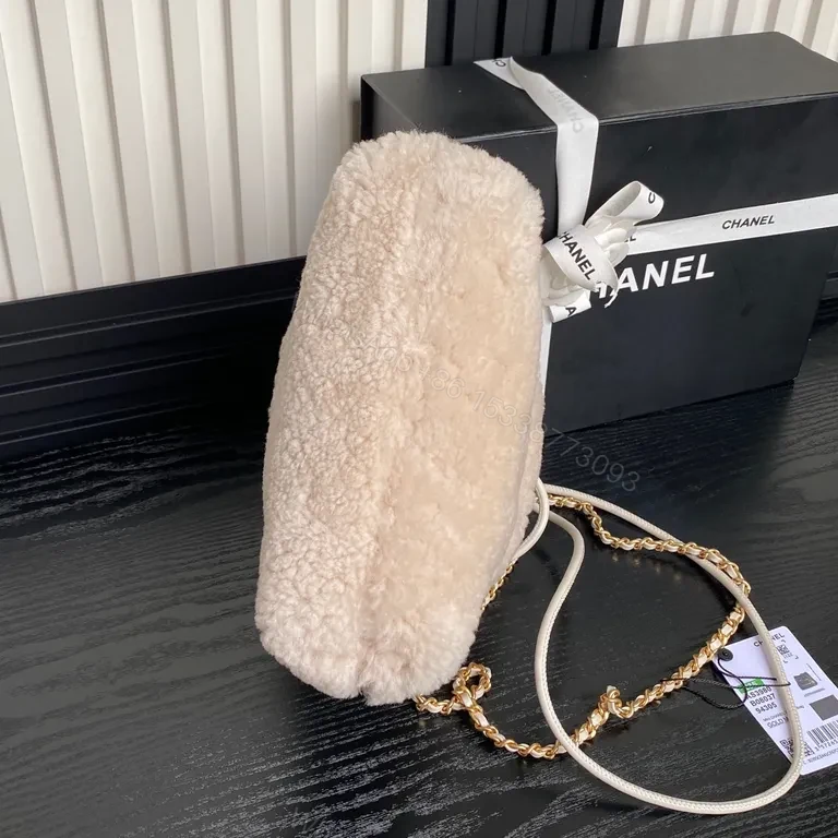 View 6 of Cream Sherpa Mini Bag with Gold Chain - Chanel-Inspired Luxe