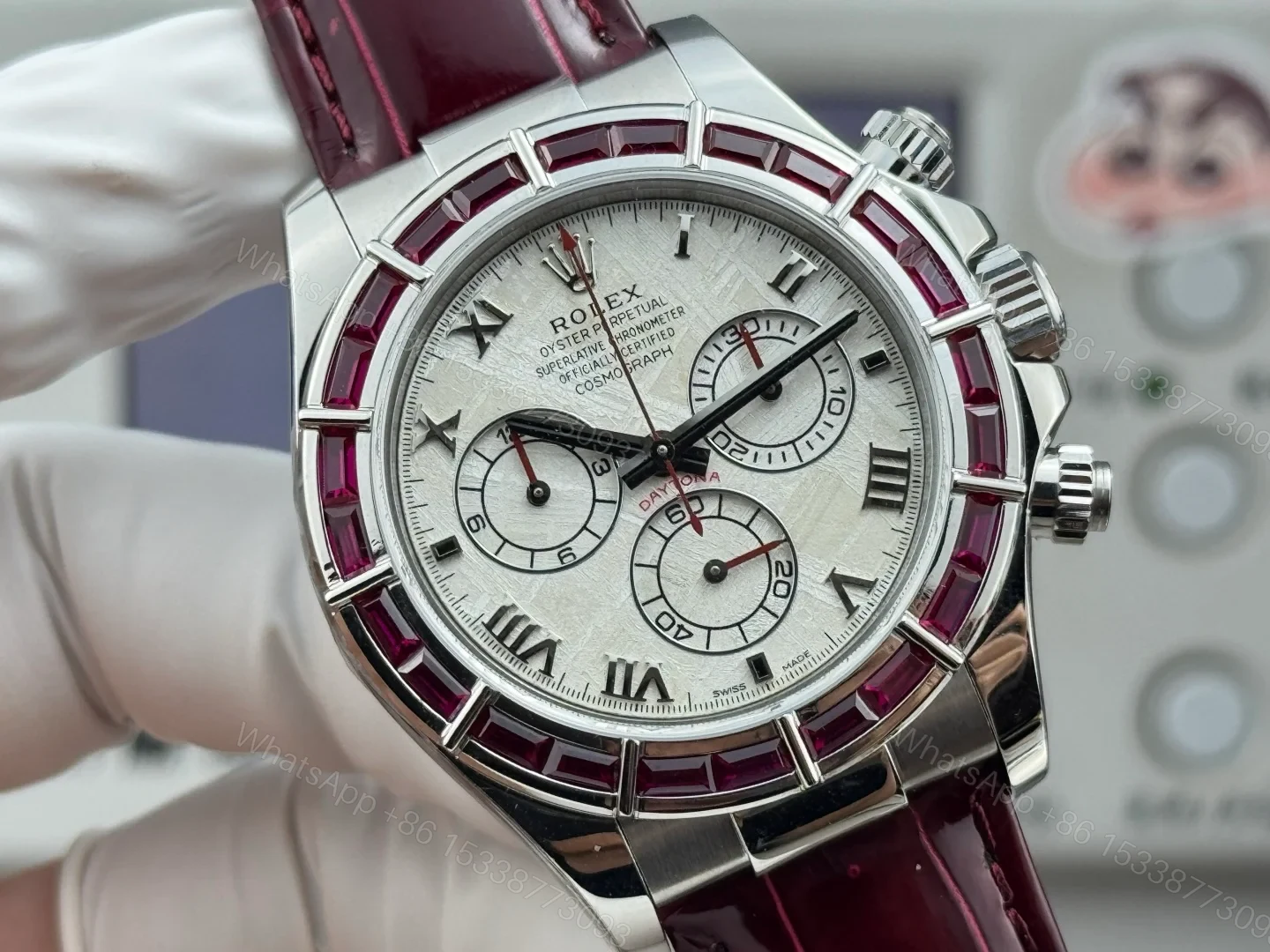 View 4 of Rolex Daytona Meteorite Ruby Replica 40MM Exclusive Burgundy Leather Strap LB2-RUBY-METEORITE