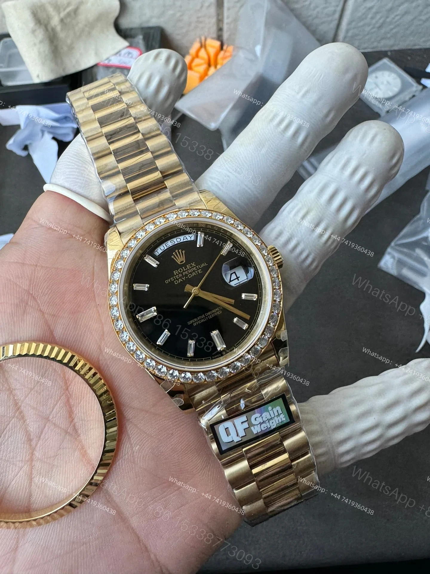 View 13 of Rolex Day-Date M228348RBR-0001 1:1 Replica Moissanite Diamond Bezel Black Dial 40MM 3255 Movement Super Clone Watch