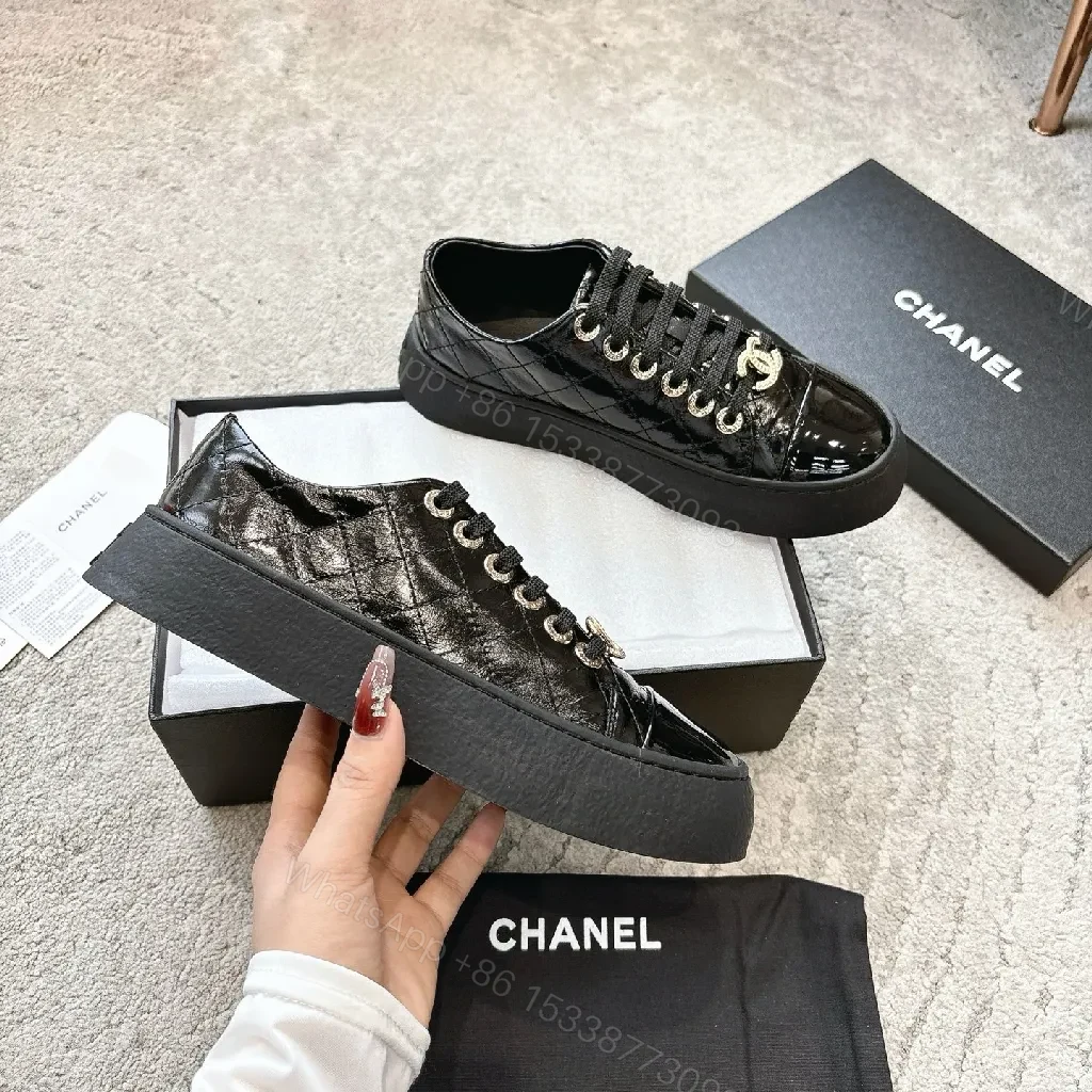 View 5 of Glossy Patent Leather Low-Tops with Gold Logo Hardware Sneakers