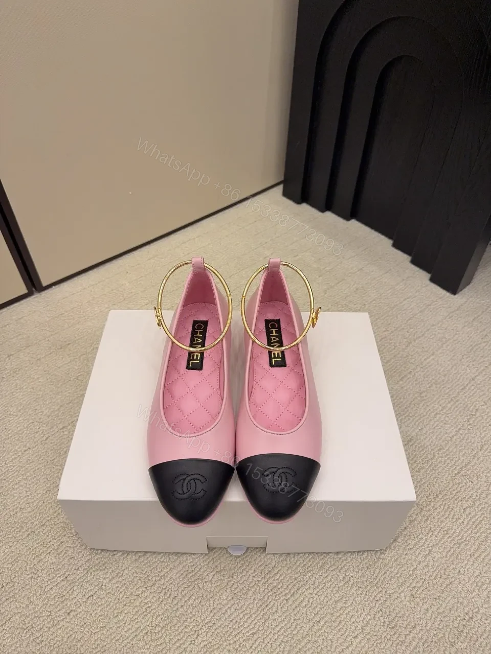 View 2 of Pink Quilted Leather Ballet Flats with Gold Hoop Accent - Cap Toe Detail