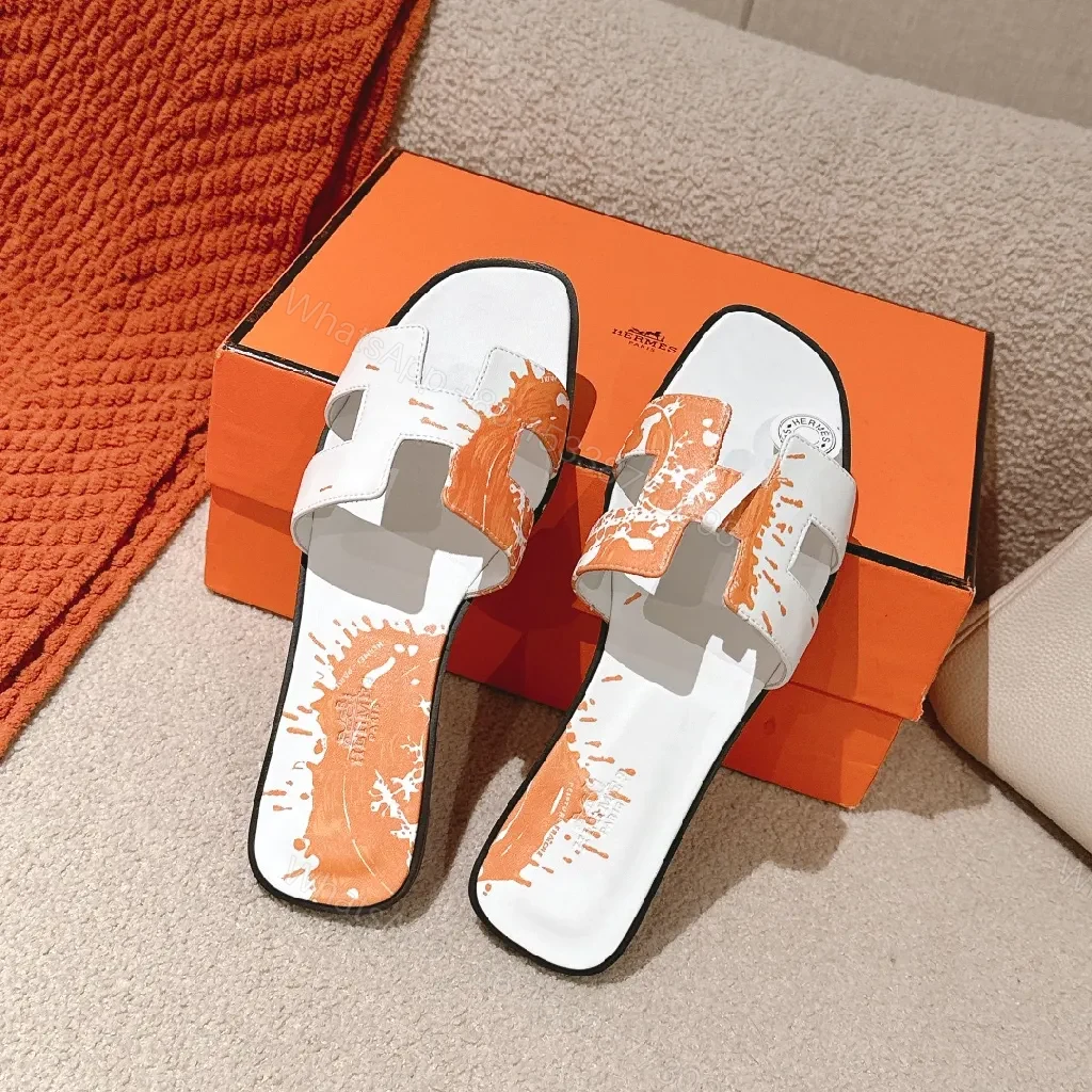 View 7 of Bold Orange-Accent White Leather Slides, Comfort-Chic Street Style