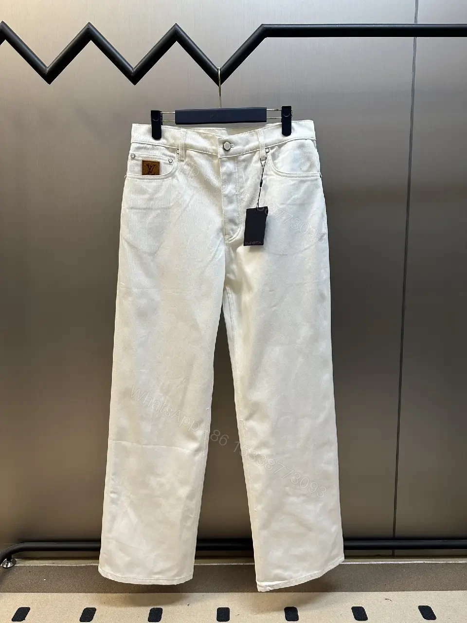 View 2 of Off-White/Cream Straight-Leg Trousers, Minimal Silk-Like, Zipper Fly