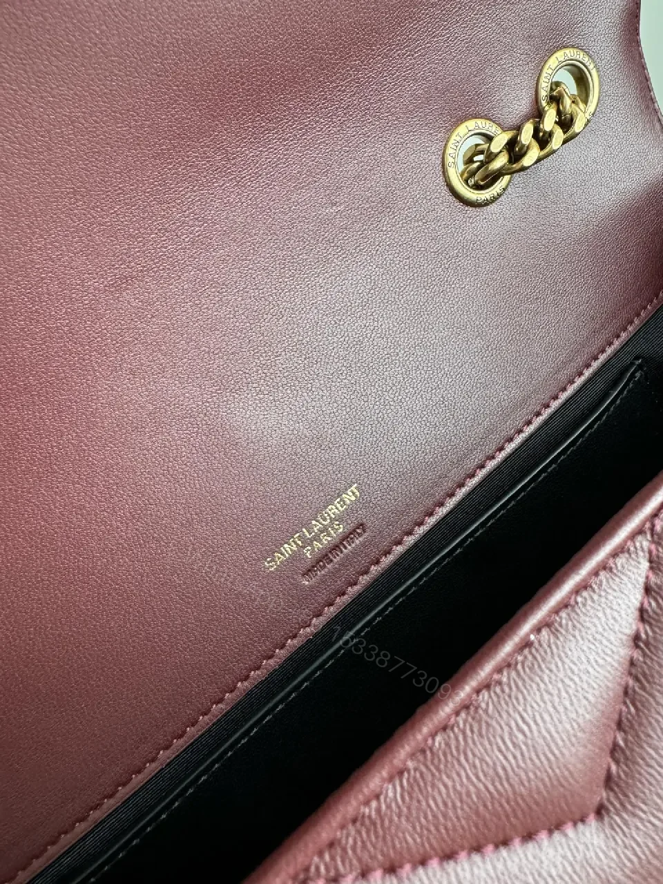 View 3 of Burgundy Quilted Leather Shoulder Bag with Gold Hardware