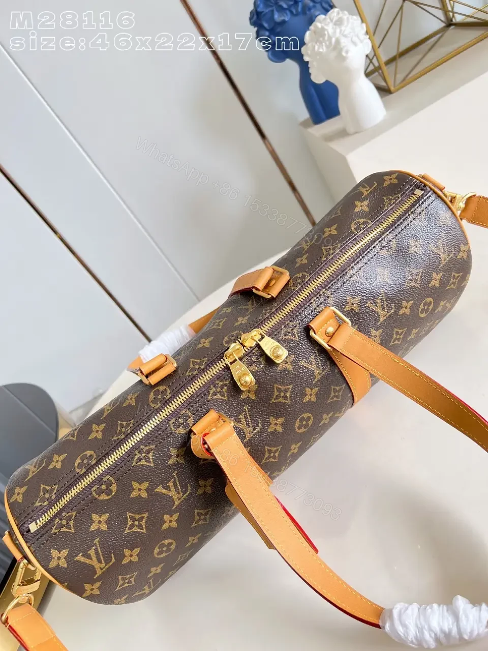 View 2 of Monogram Barrel Bag: Tan Leather Trim, Structured Travel Essential