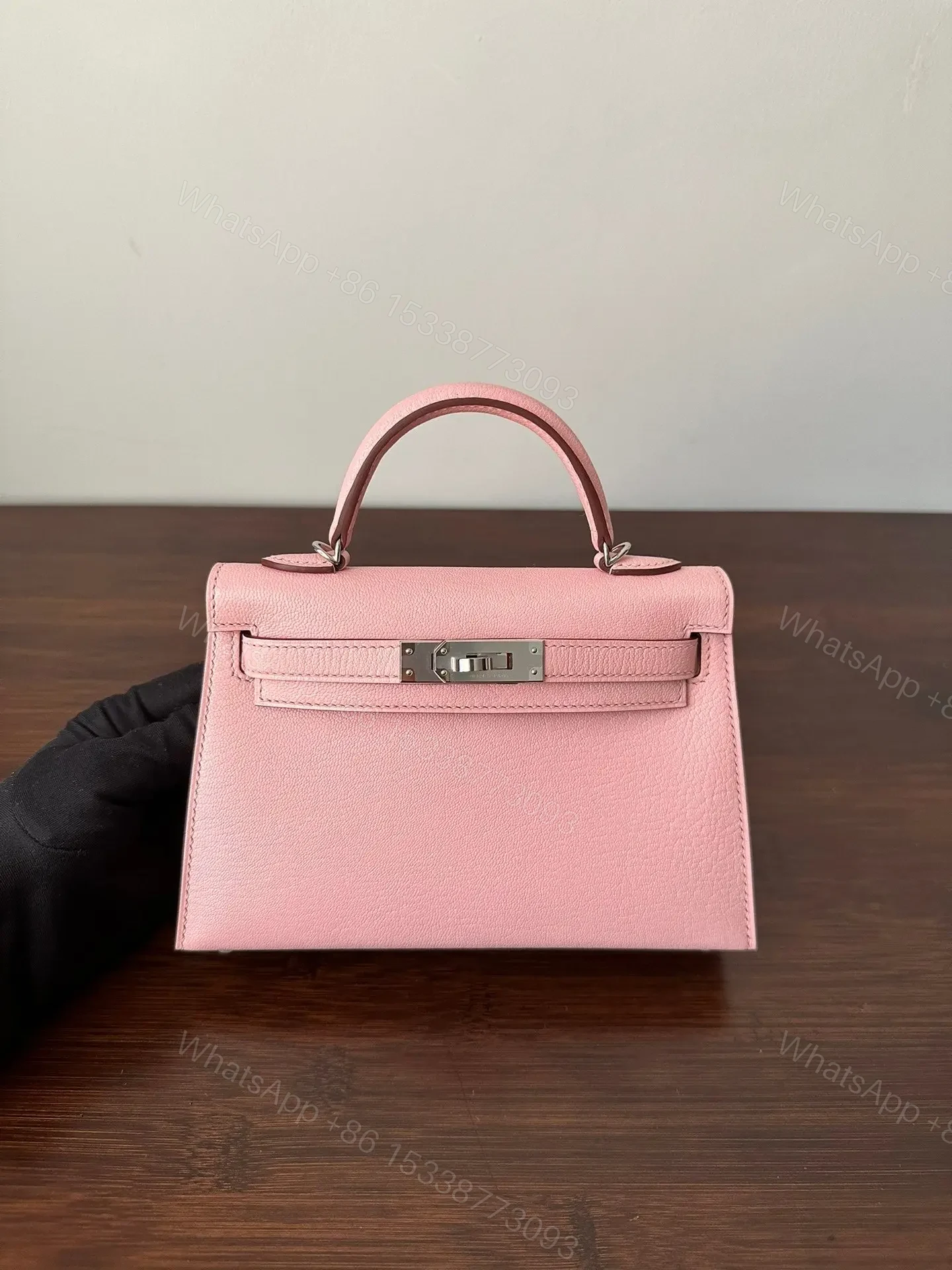 View 7 of HN Mini Kelly 20 bag in Rose Sakura leather with silver hardware