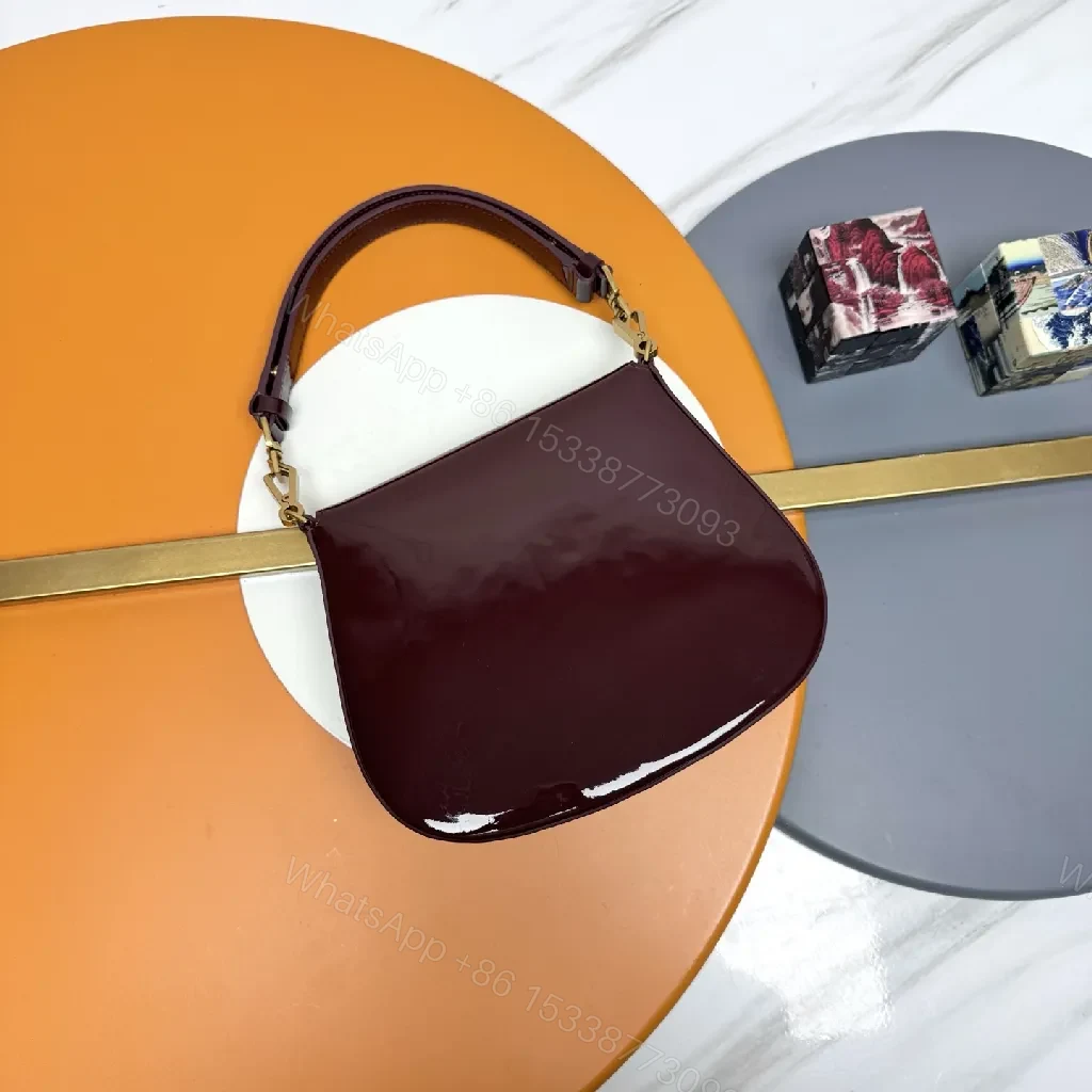 View 2 of Glossy Burgundy Velvet-Patent Mini Bag with Gold Hardware