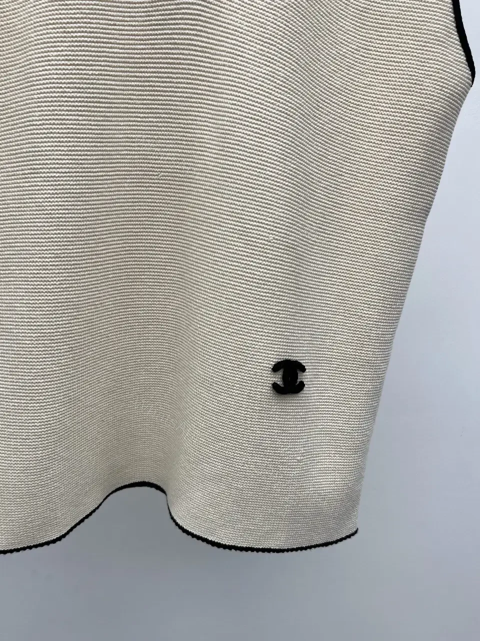 View 9 of Beige Knit Vest Black Trim V-Neck Chanel Logo Patch Tank Vest