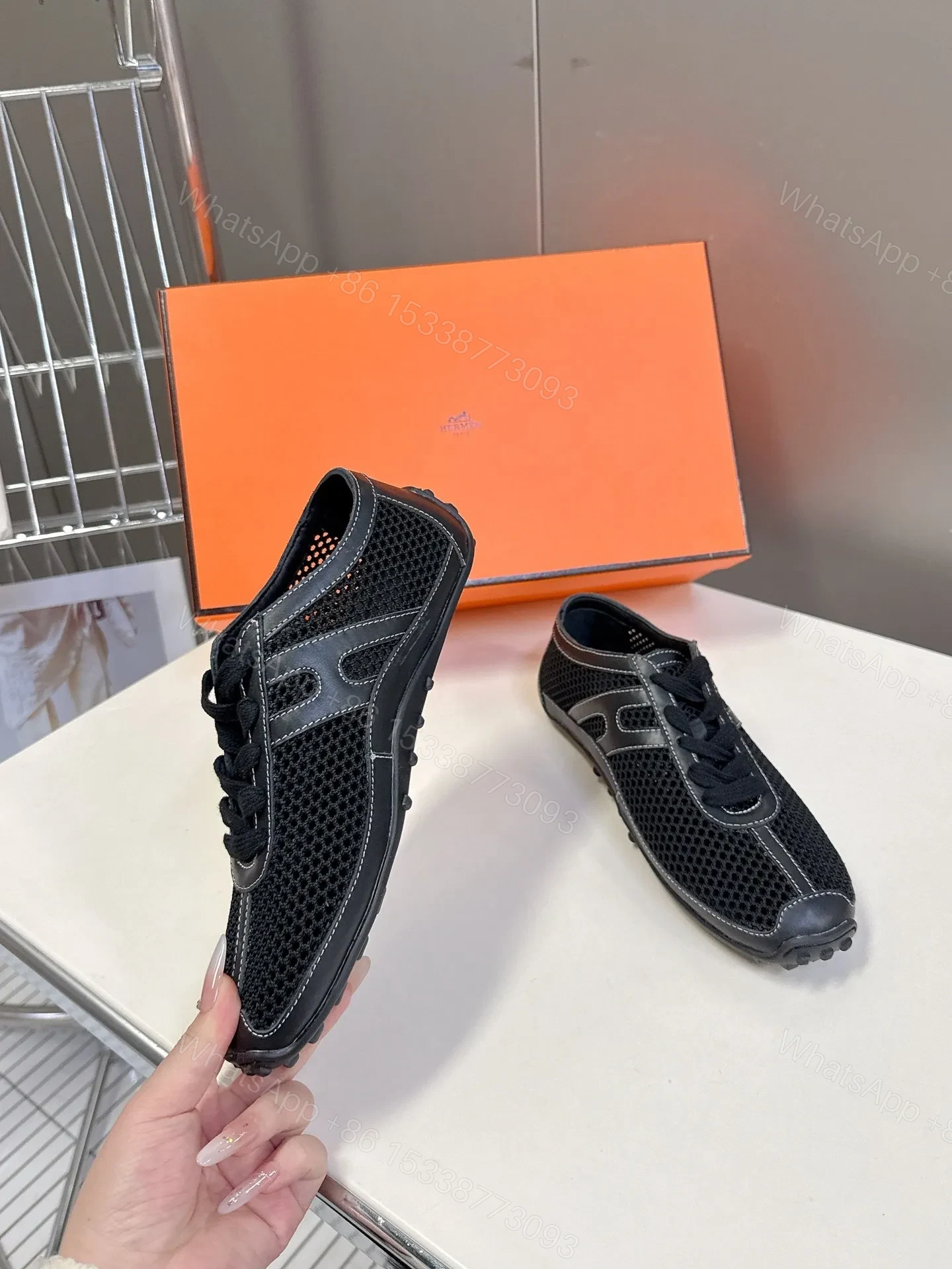 View 5 of Hermes Women Black Mesh Leather Sneakers