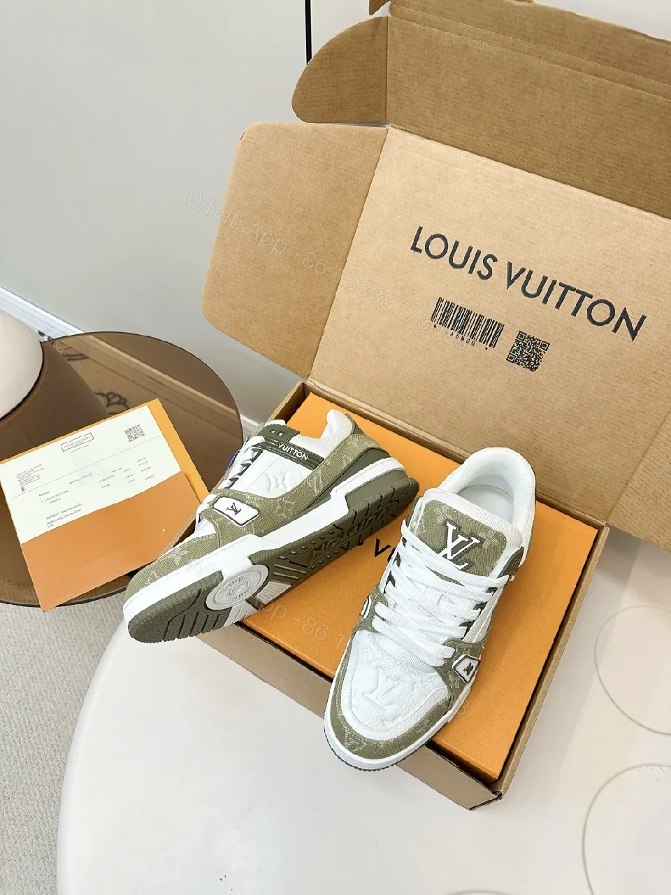 View 7 of White & Olive Luxury Sneakers: Modern Texture, Subtle LV-Inspired Details