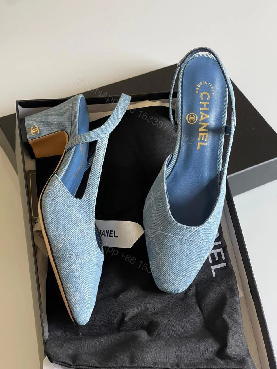 View 2 of Chanel Blue Denim Cap Toe Slingback Sandals
