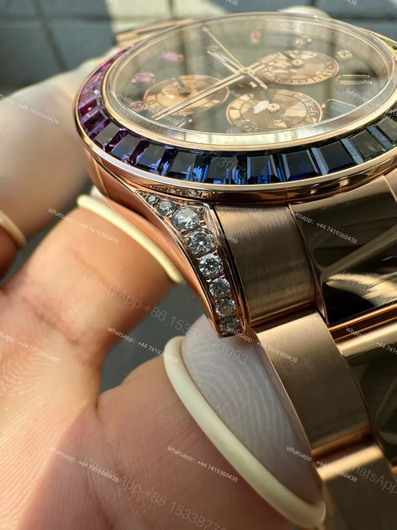 View 13 of Rolex Super Clone Rainbow Daytona 1:1 Replica Watch – 18K Rose Gold