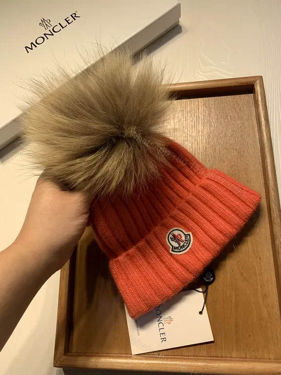 View 9 of Orange Knit Beanie with Fur Pom-Pom by Moncler - Luxe Wool Blend, Ribbed Style