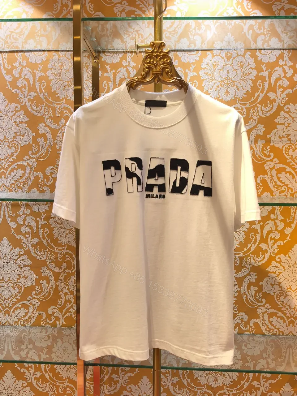 View 4 of White Cotton Crew Tee, Minimalist Luxe, PRADA Milano Logo Tee