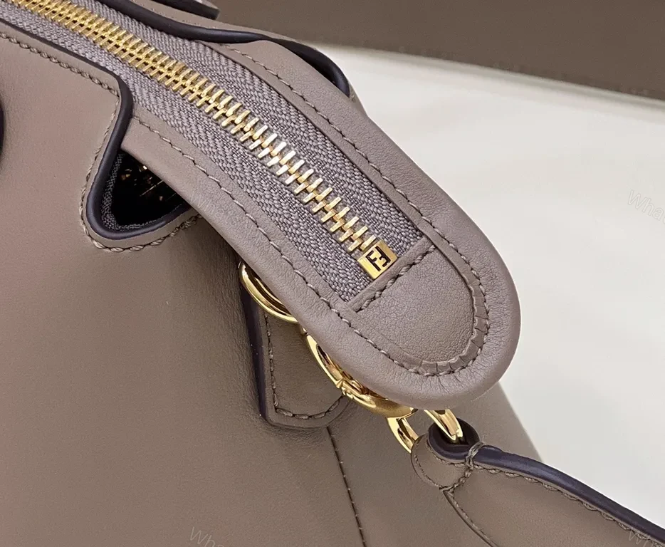 View 5 of Taupe Leather Fendi-Style Structured Handbag with Logo Detailing