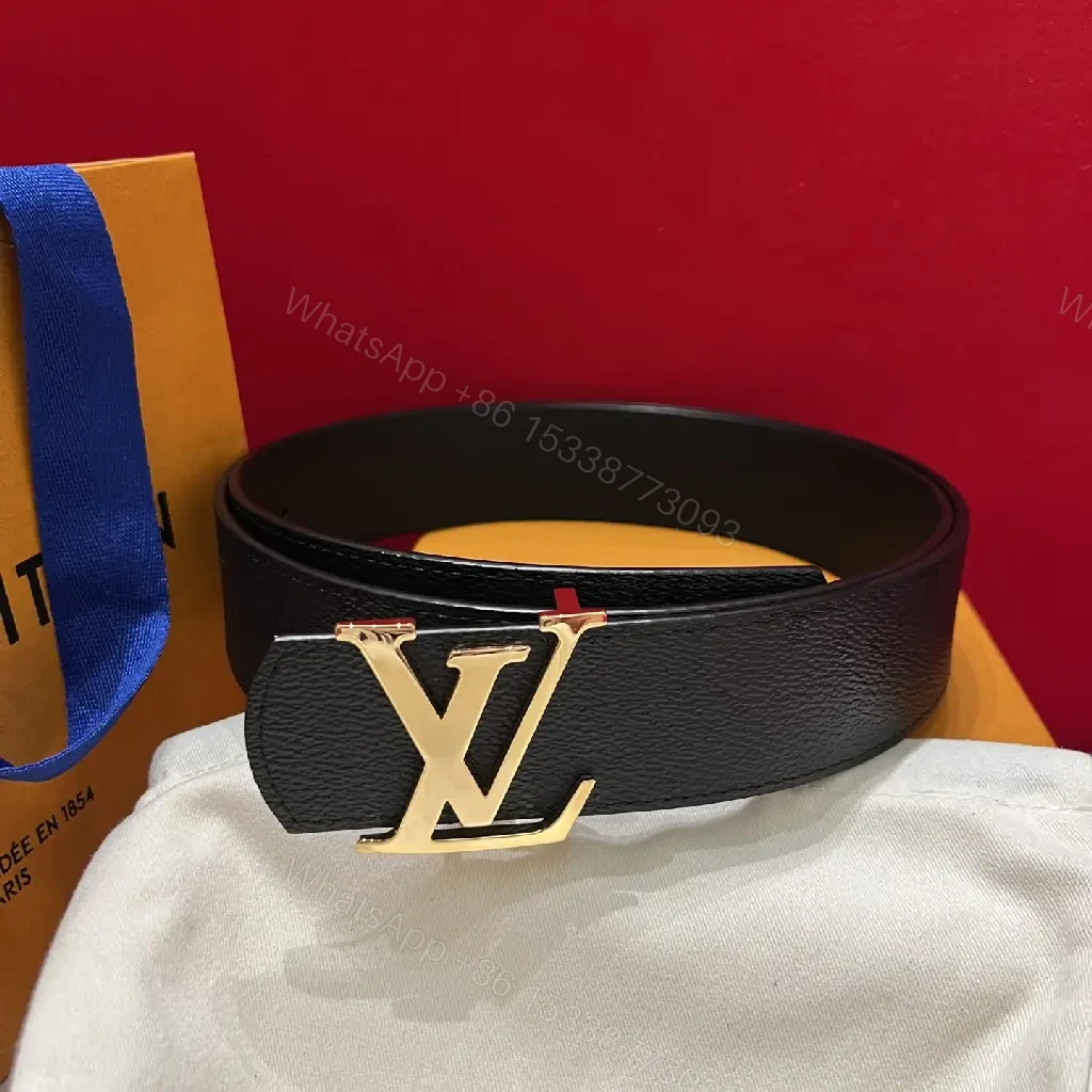 View 9 of Black Leather Belt Classic Luxury with Gold LV Buckle
